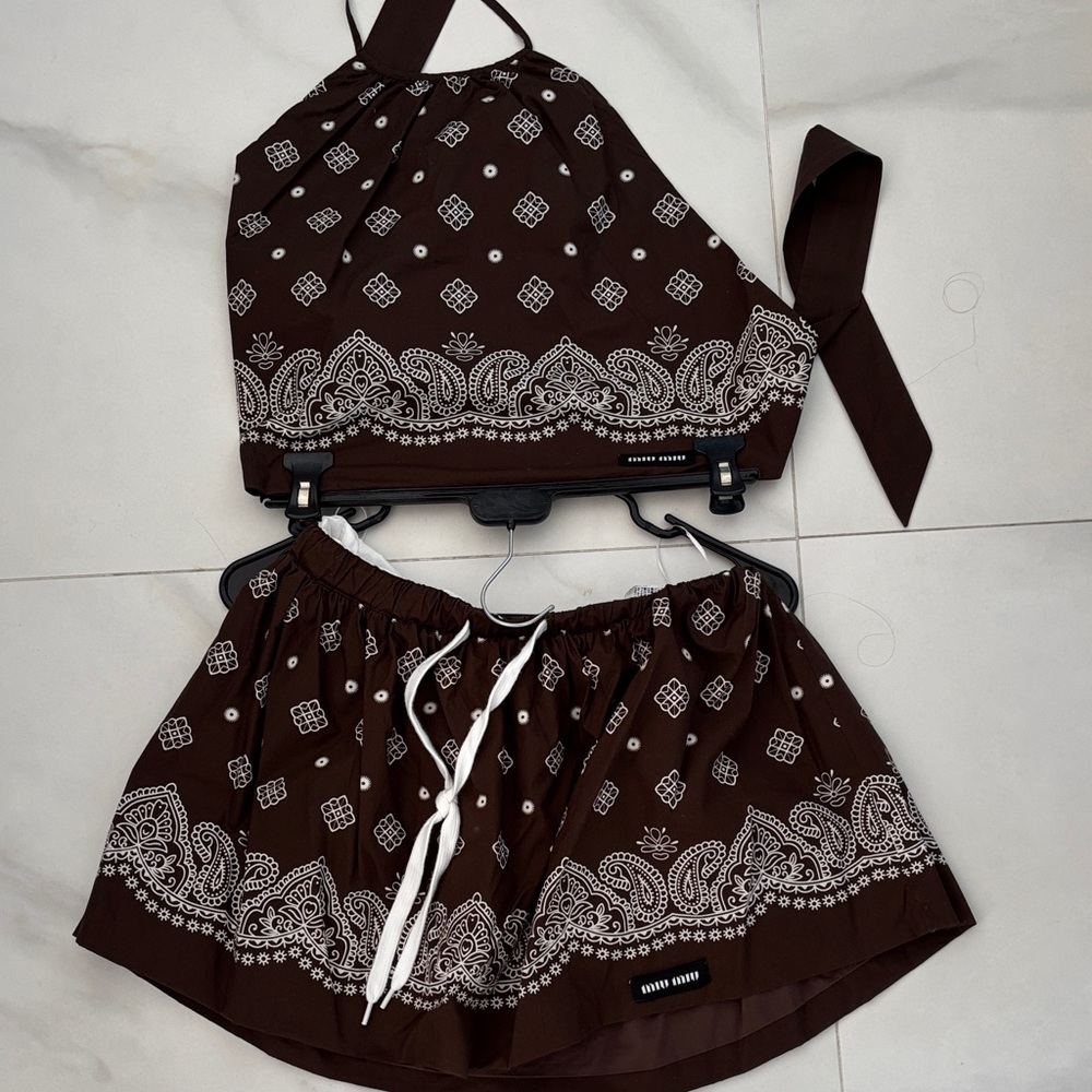 Brown Paisley Mini Skirt - Casual Drawstring Waist